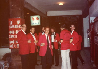 Don Webster, Jim Frederick, Tim Forrest, Bird Kauffman, Kevin Strebel (back to camera), Ray Steele TVFD social ca. 1982